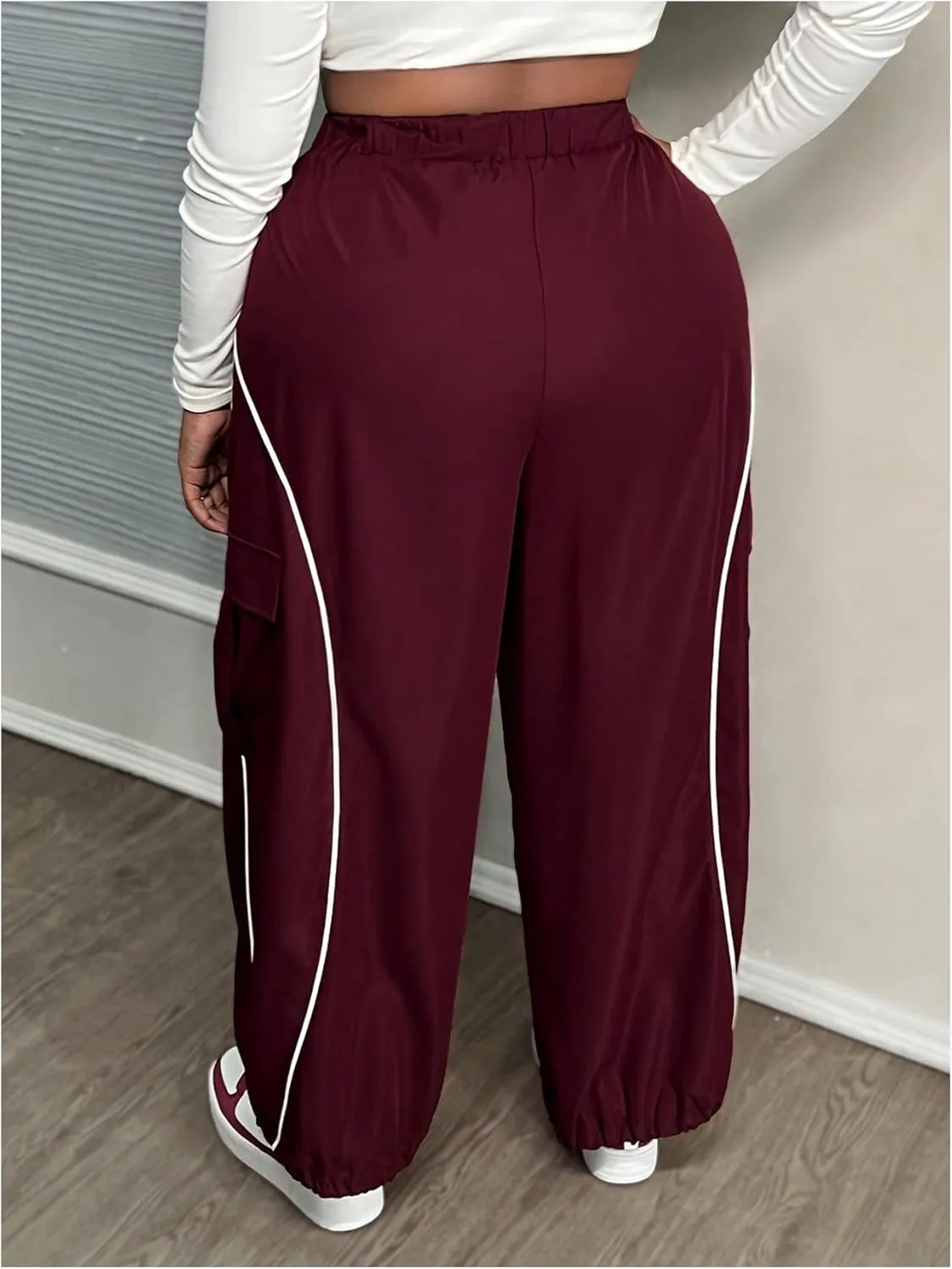 OYOANGLE Women's Plus Size Contrast Binding Cargo Pants Elastic Waist Wide Leg Baggy Parachute Trousers