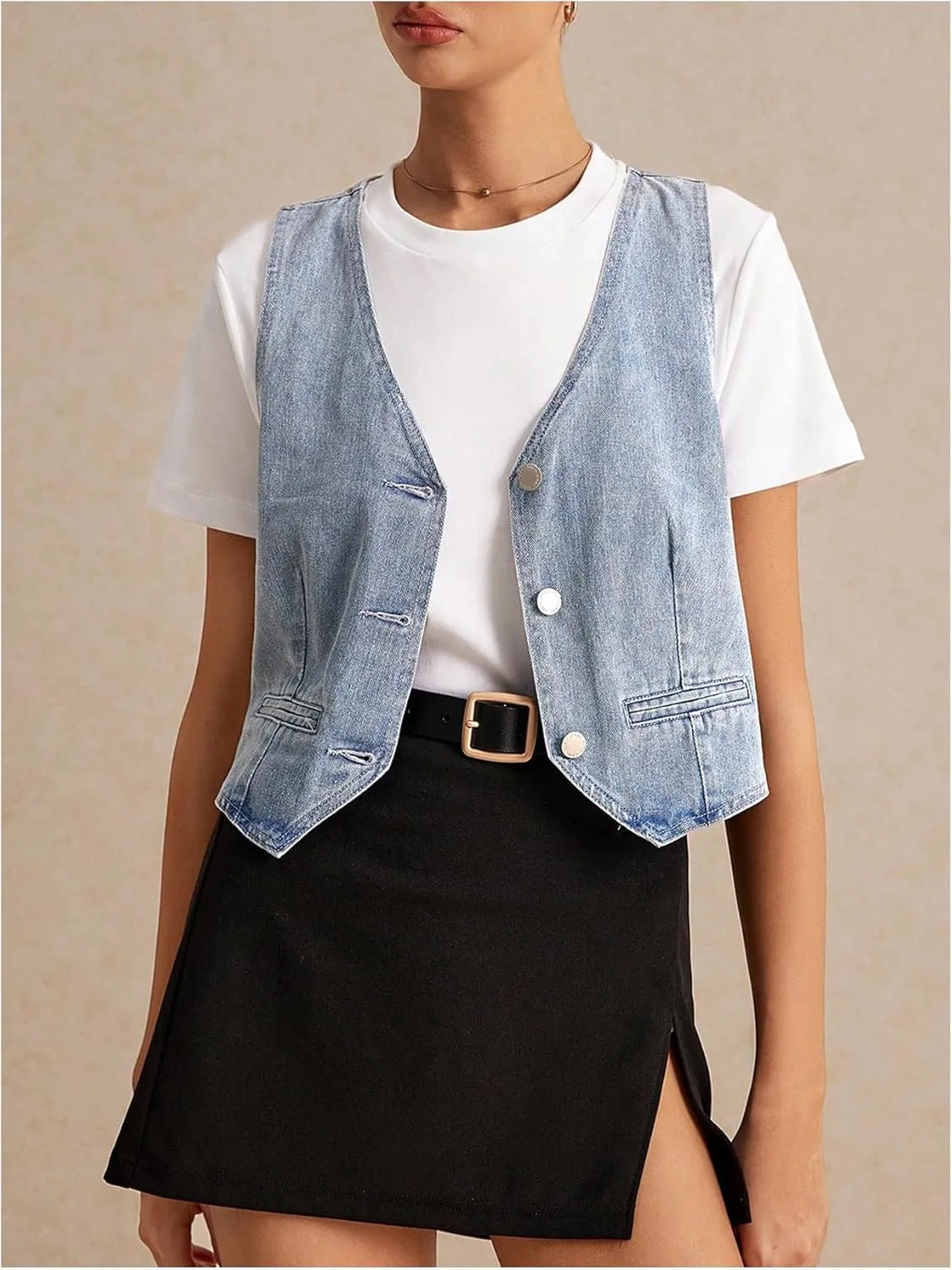 OYOANGLE Women's Sleeveless Denim Vest Crop Tops Button Down V Neck Asymmetrical Jean Jacket Waistcoat