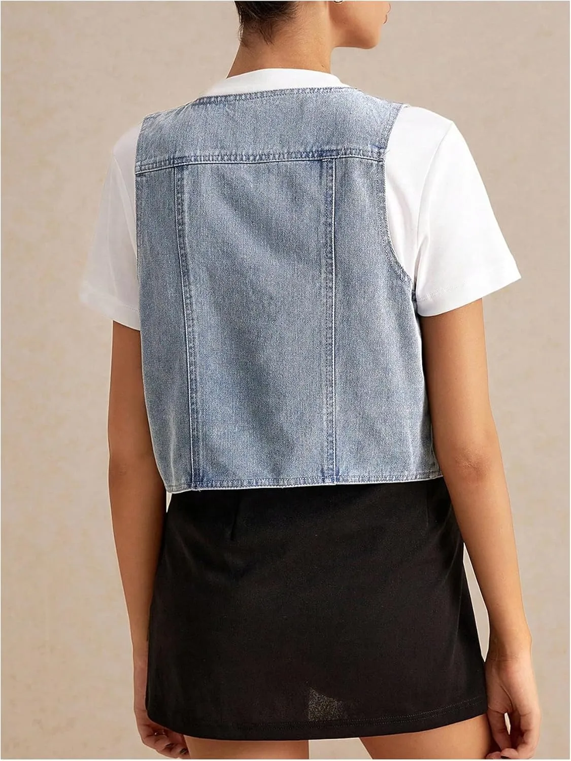 OYOANGLE Women's Sleeveless Denim Vest Crop Tops Button Down V Neck Asymmetrical Jean Jacket Waistcoat