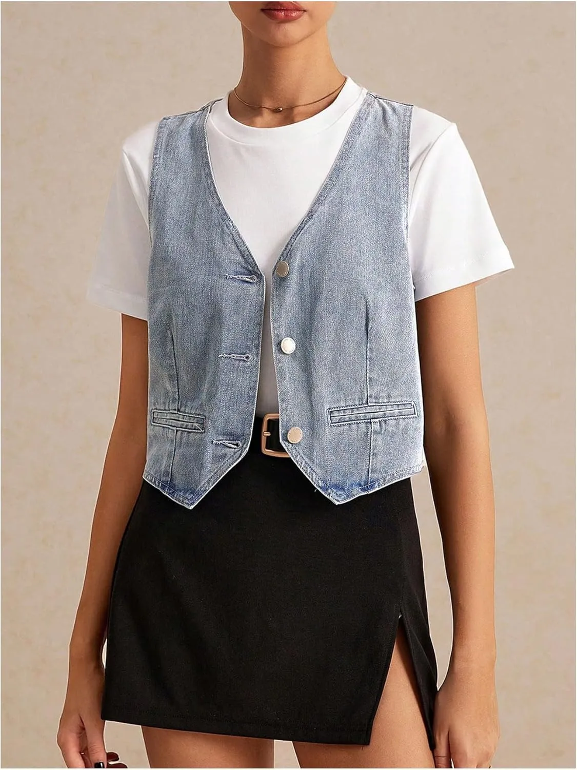 OYOANGLE Women's Sleeveless Denim Vest Crop Tops Button Down V Neck Asymmetrical Jean Jacket Waistcoat