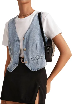 OYOANGLE Women's Sleeveless Denim Vest Crop Tops Button Down V Neck Asymmetrical Jean Jacket Waistcoat