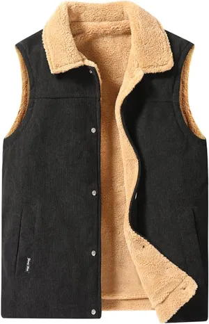 Perbai Mens Winter Warm Fleece Vest Button Down Lapel Sherpa Lined Corduroy Sleeveless Jacket
