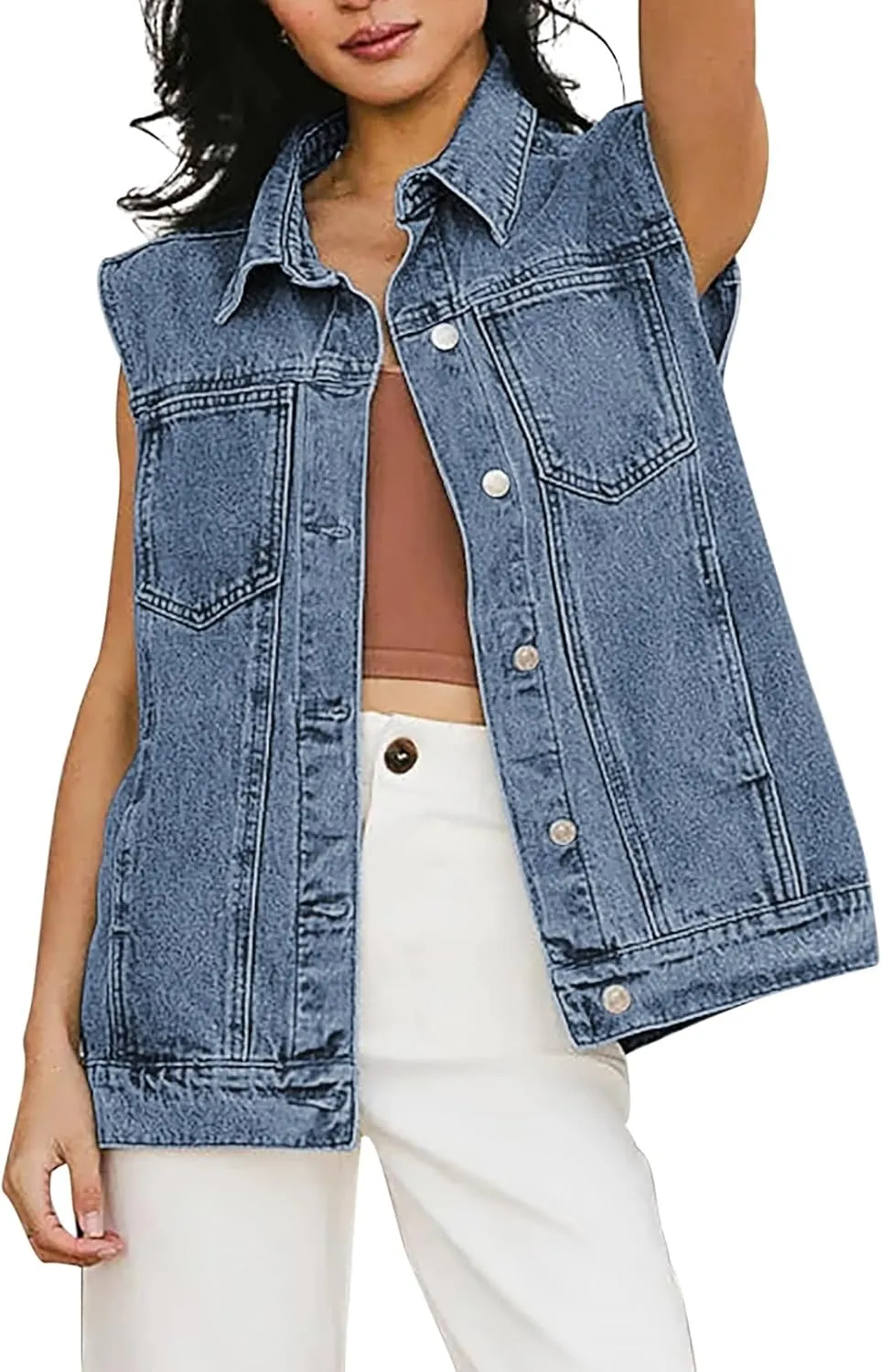 Pink Queen Women's Denim Vest 2025 Summer Sleeveless Button Down Jean Jacket Casual Loose Cotton Waistcoat Gilet with Pockets