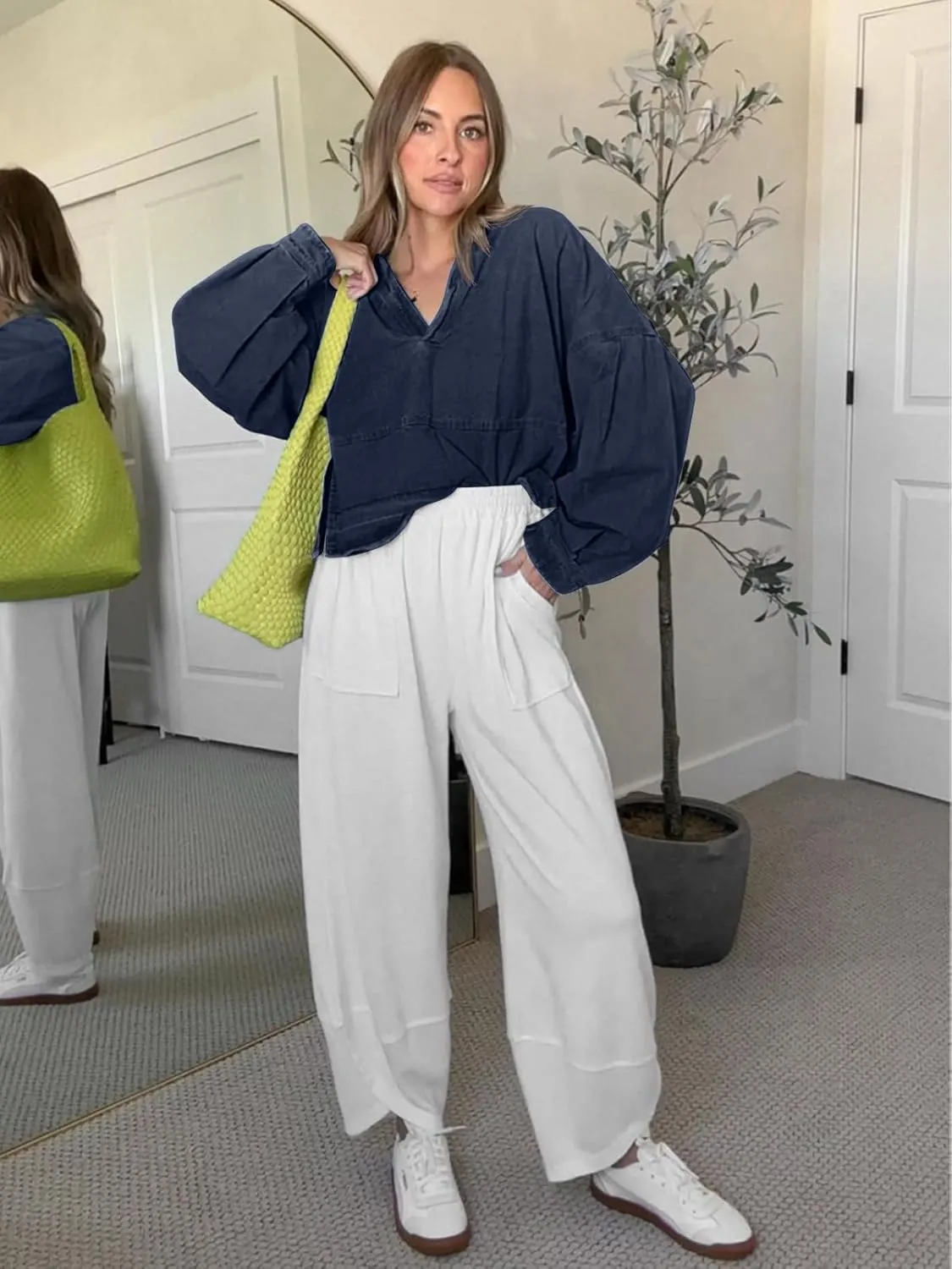 PLNOTME Womens Denim Tops Pullover Trendy Casual V Neck Loose Fit Puff Sleeve Jean Cotton Shirts