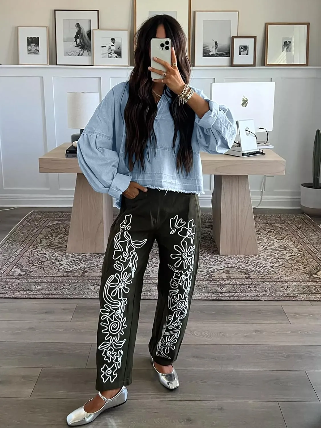PLNOTME Womens Denim Tops Pullover Trendy Casual V Neck Loose Fit Puff Sleeve Jean Cotton Shirts