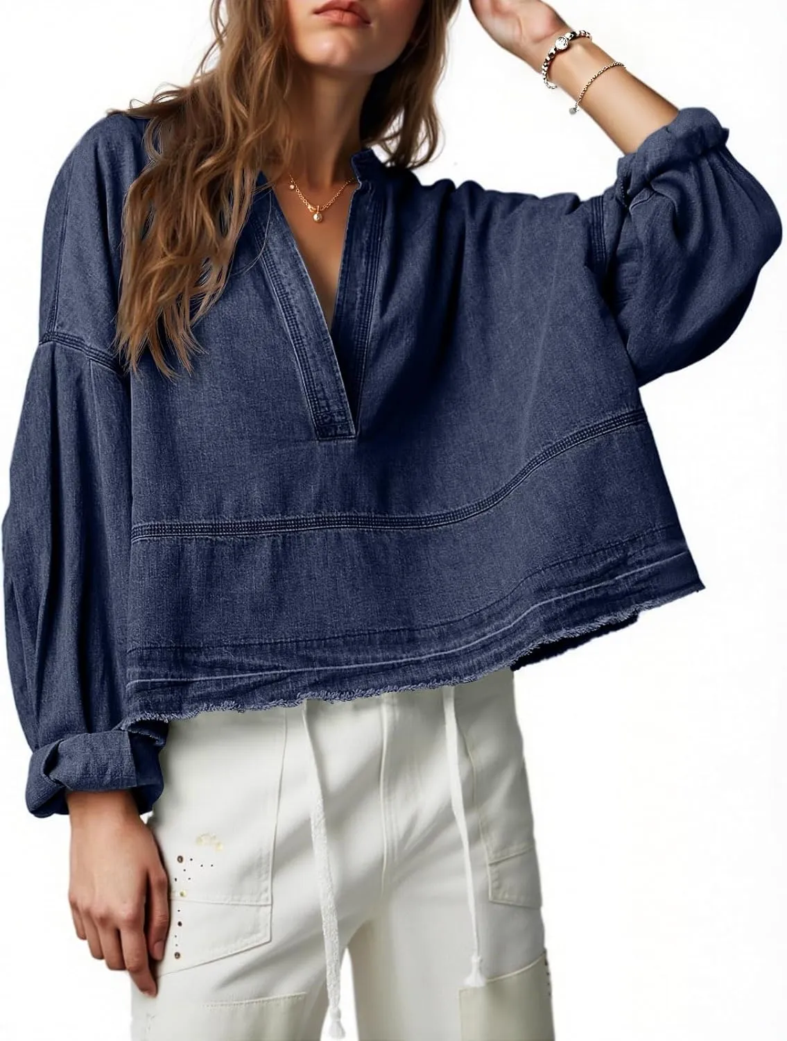 PLNOTME Womens Denim Tops Pullover Trendy Casual V Neck Loose Fit Puff Sleeve Jean Cotton Shirts