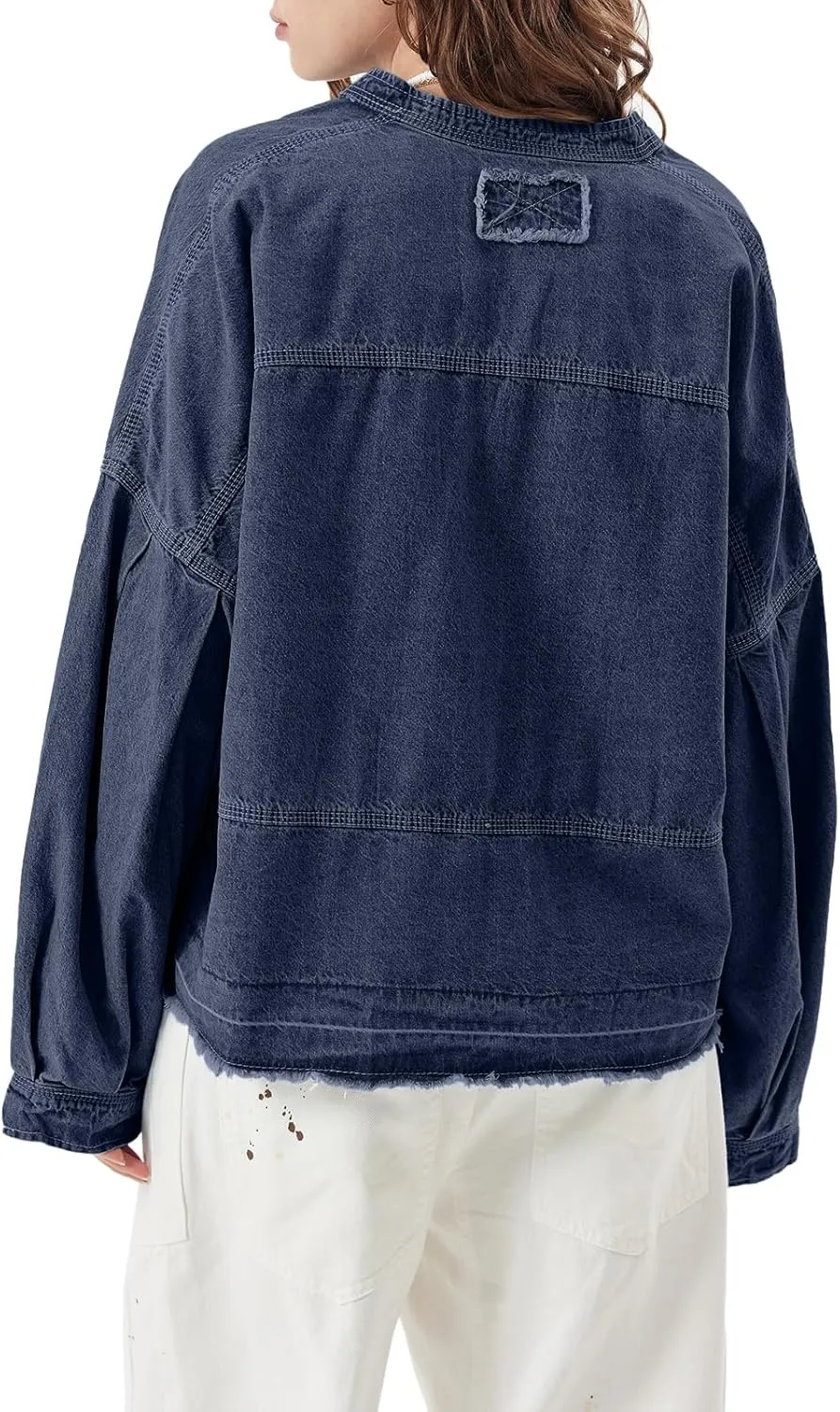PLNOTME Womens Denim Tops Pullover Trendy Casual V Neck Loose Fit Puff Sleeve Jean Cotton Shirts