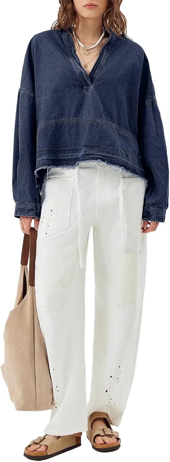 PLNOTME Womens Denim Tops Pullover Trendy Casual V Neck Loose Fit Puff Sleeve Jean Cotton Shirts