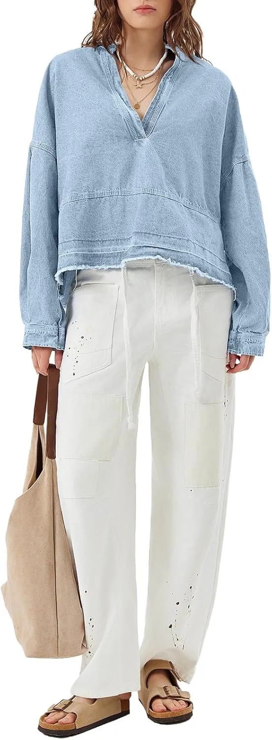 PLNOTME Womens Denim Tops Pullover Trendy Casual V Neck Loose Fit Puff Sleeve Jean Cotton Shirts