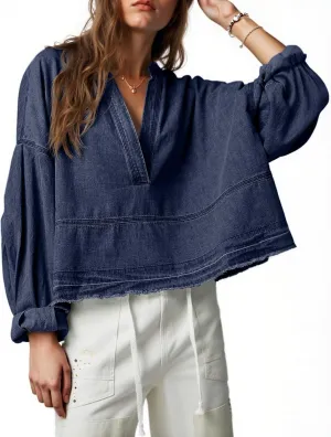 PLNOTME Womens Denim Tops Pullover Trendy Casual V Neck Loose Fit Puff Sleeve Jean Cotton Shirts