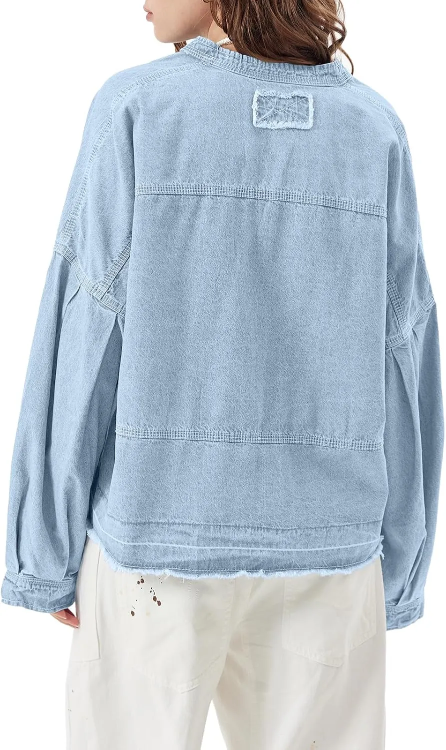 PLNOTME Womens Denim Tops Pullover Trendy Casual V Neck Loose Fit Puff Sleeve Jean Cotton Shirts