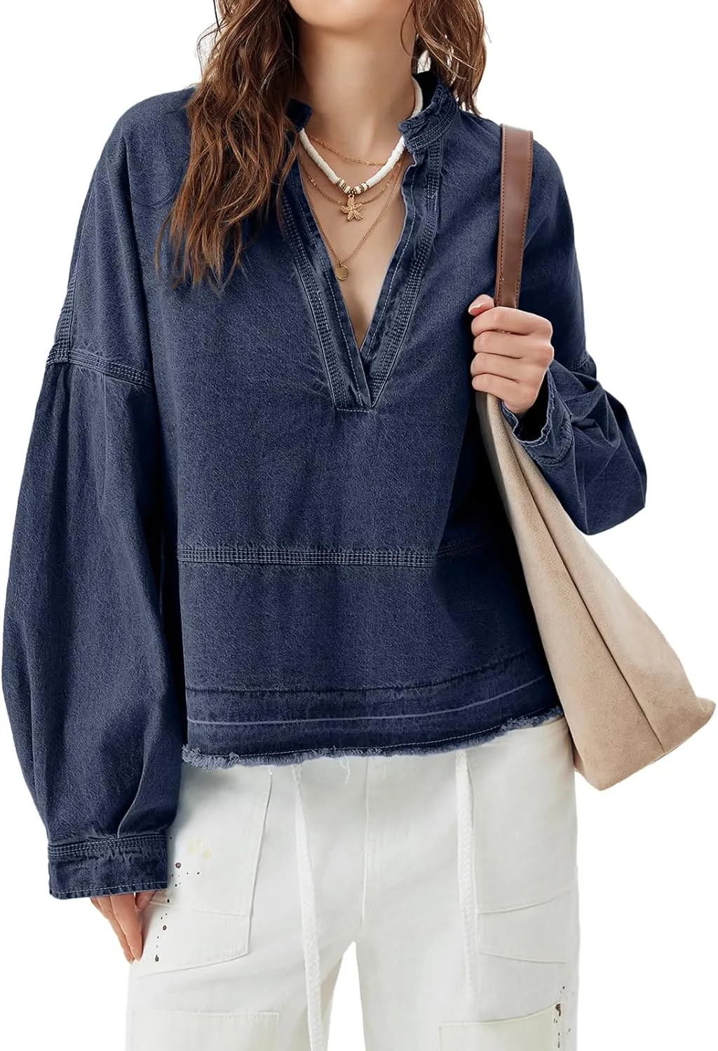 PLNOTME Womens Denim Tops Pullover Trendy Casual V Neck Loose Fit Puff Sleeve Jean Cotton Shirts