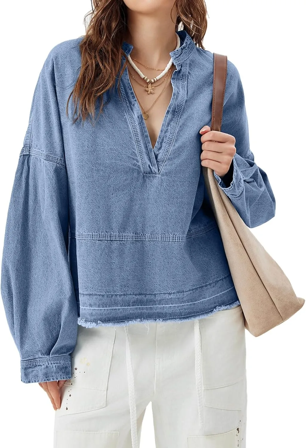 PLNOTME Womens Denim Tops Pullover Trendy Casual V Neck Loose Fit Puff Sleeve Jean Cotton Shirts