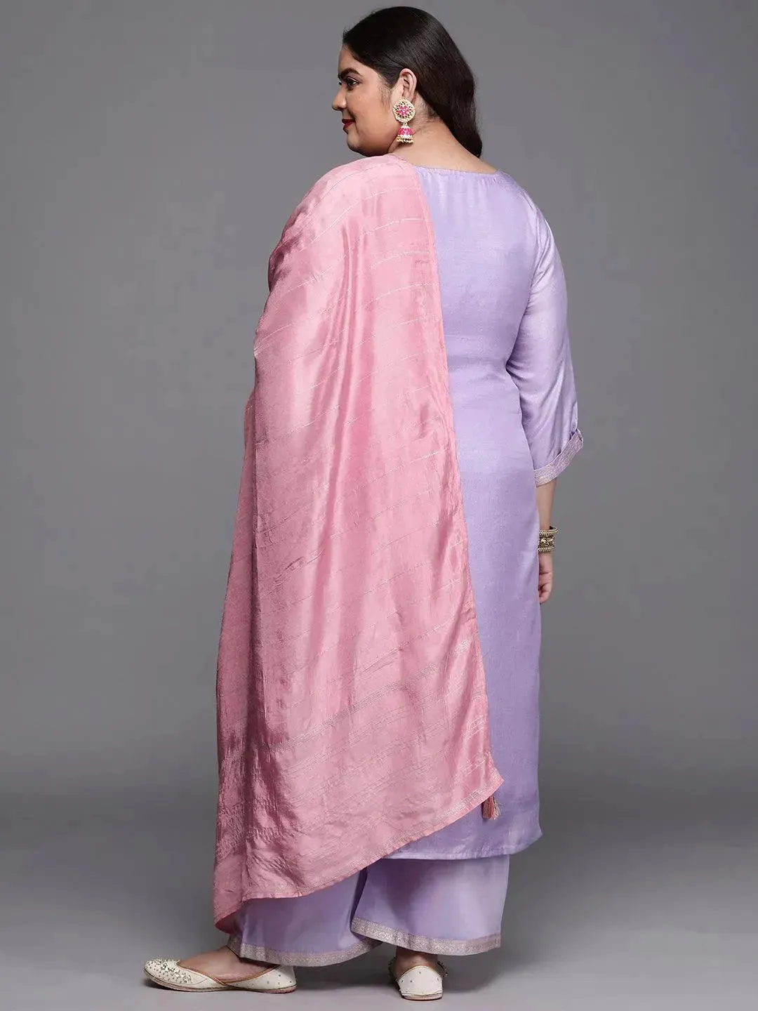 Plus Size Lavender Woven Design Silk Blend Straight Kurta With Palazzos & Dupatta
