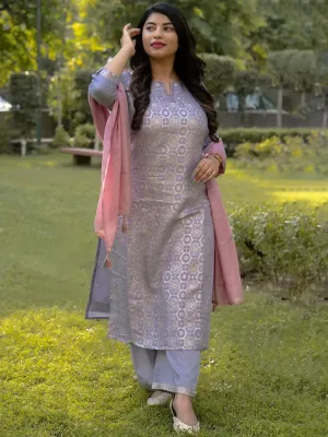 Plus Size Lavender Woven Design Silk Blend Straight Kurta With Palazzos & Dupatta