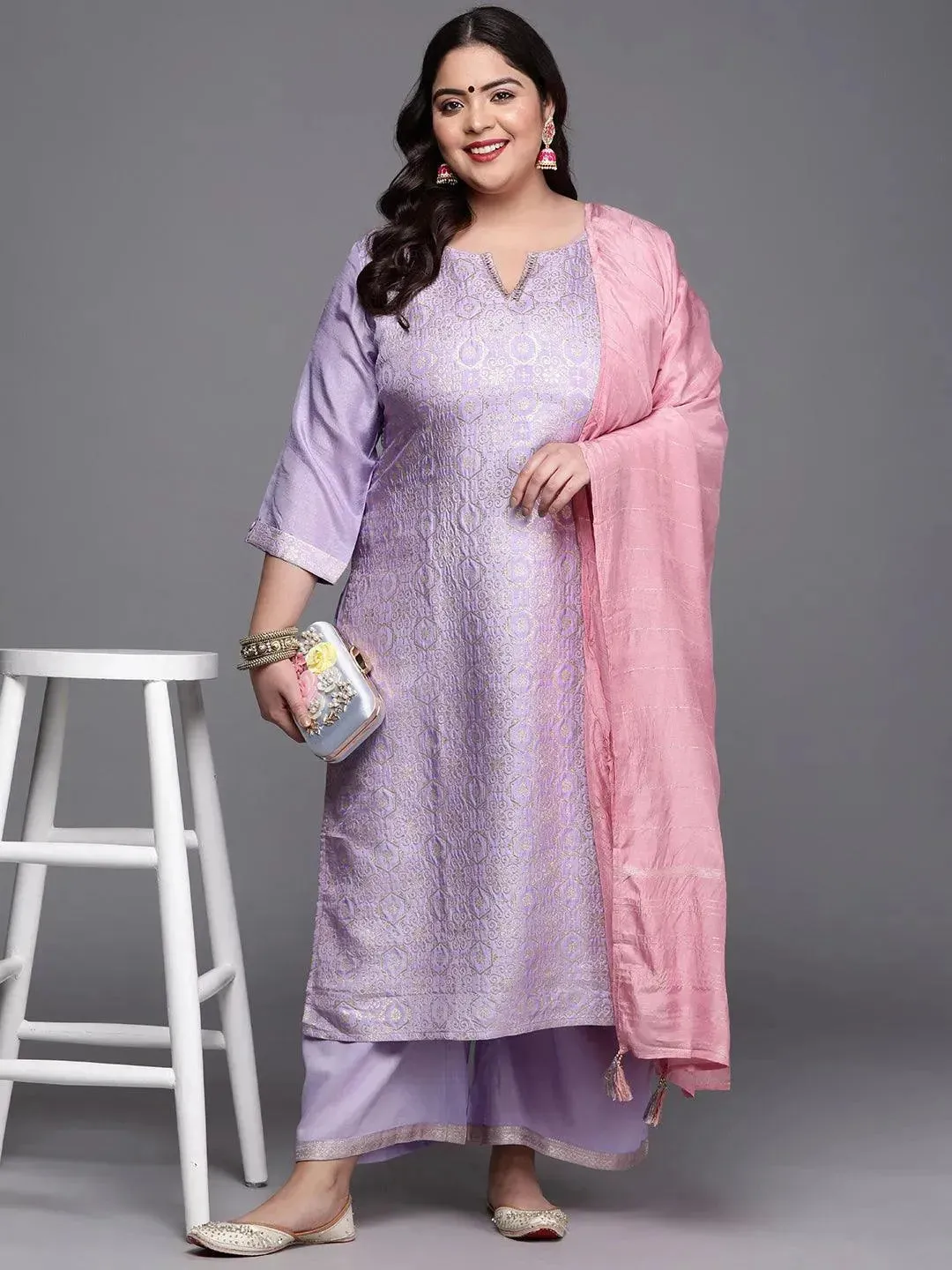 Plus Size Lavender Woven Design Silk Blend Straight Kurta With Palazzos & Dupatta