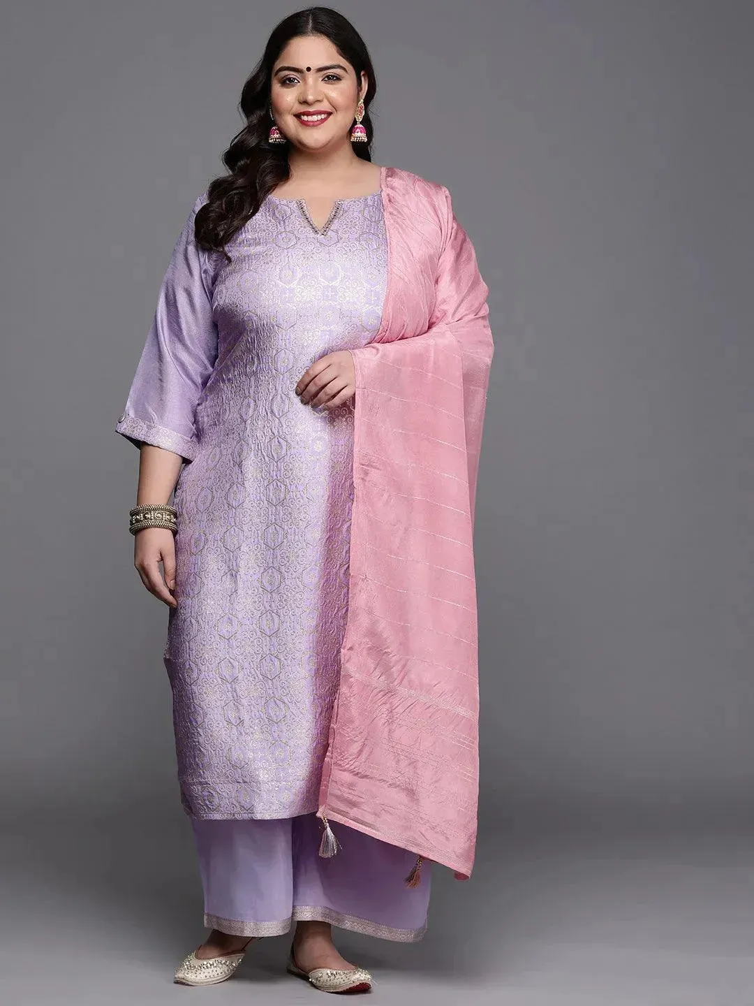 Plus Size Lavender Woven Design Silk Blend Straight Kurta With Palazzos & Dupatta