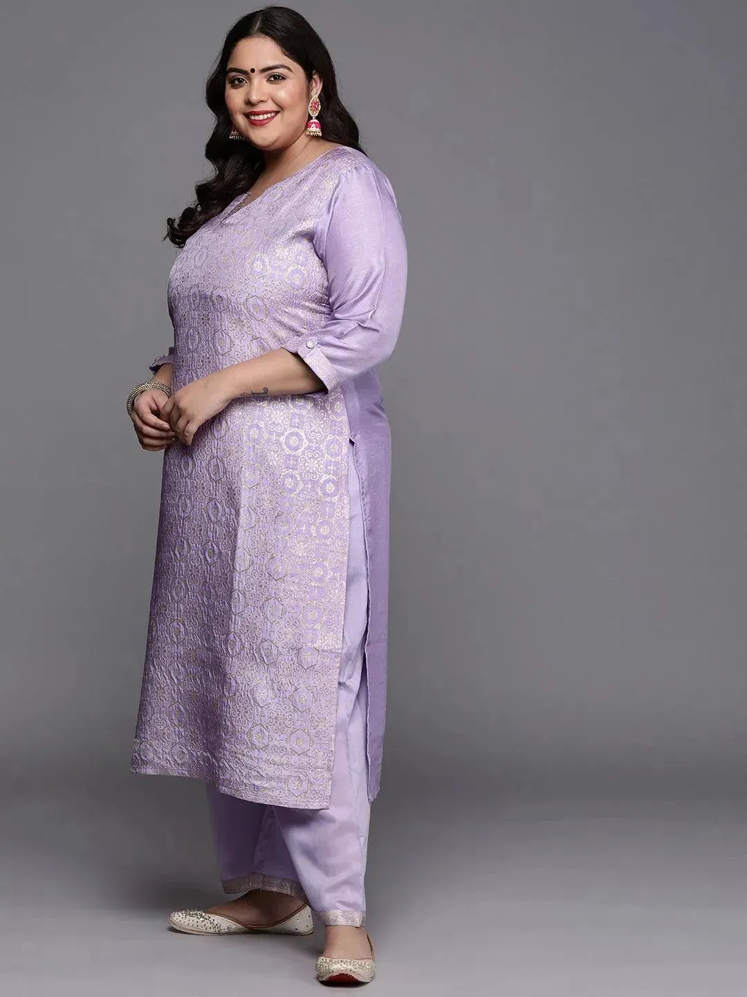 Plus Size Lavender Woven Design Silk Blend Straight Kurta With Palazzos & Dupatta