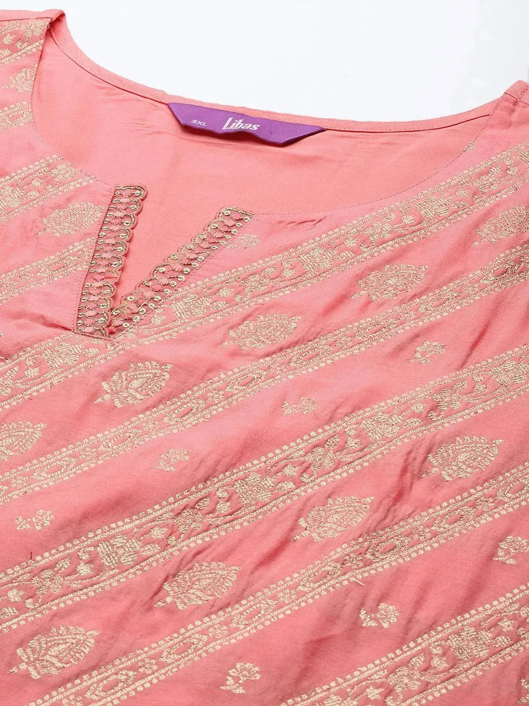 Plus Size Peach Woven Design Silk Blend Straight Kurta With Palazzos & Dupatta