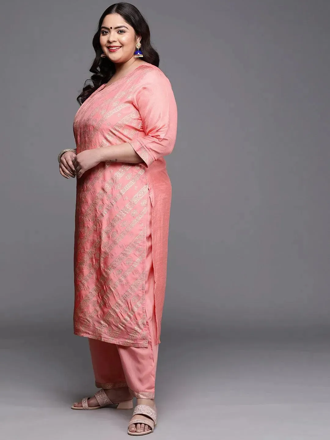 Plus Size Peach Woven Design Silk Blend Straight Kurta With Palazzos & Dupatta