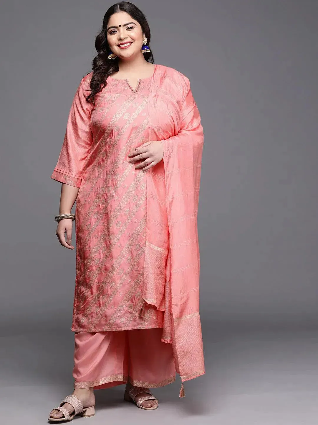 Plus Size Peach Woven Design Silk Blend Straight Kurta With Palazzos & Dupatta