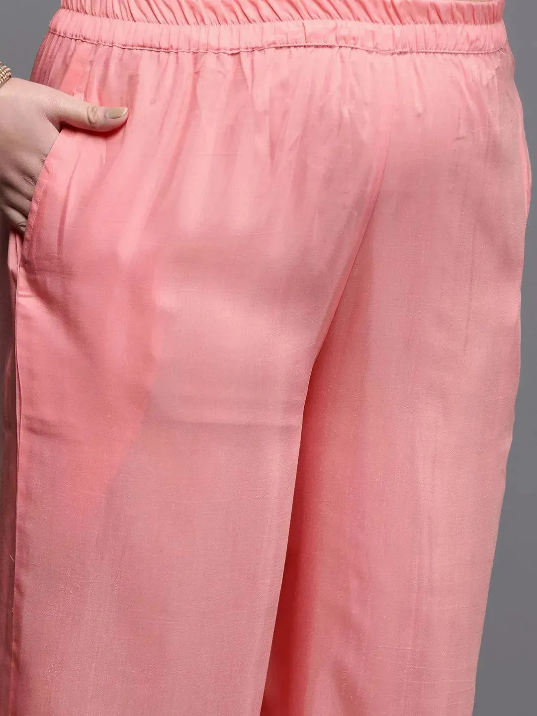 Plus Size Peach Woven Design Silk Blend Straight Kurta With Palazzos & Dupatta