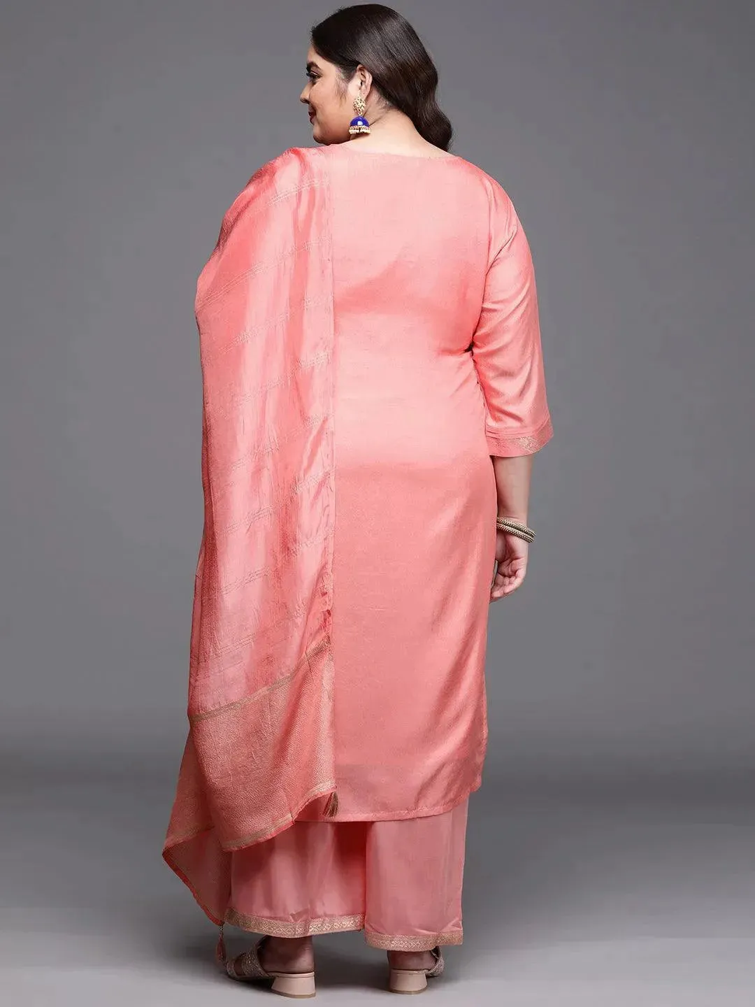 Plus Size Peach Woven Design Silk Blend Straight Kurta With Palazzos & Dupatta