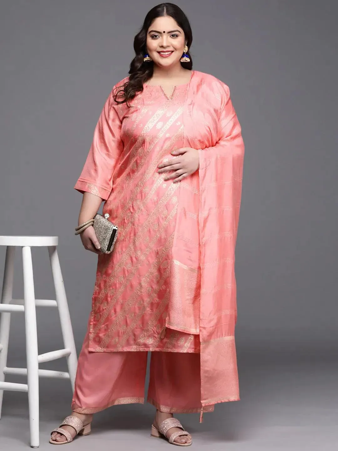 Plus Size Peach Woven Design Silk Blend Straight Kurta With Palazzos & Dupatta