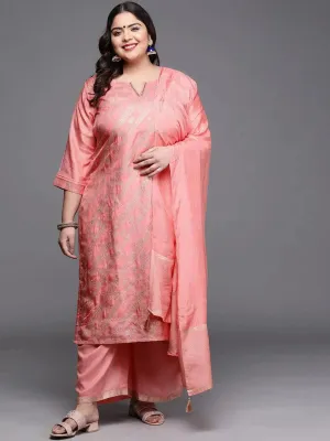 Plus Size Peach Woven Design Silk Blend Straight Kurta With Palazzos & Dupatta