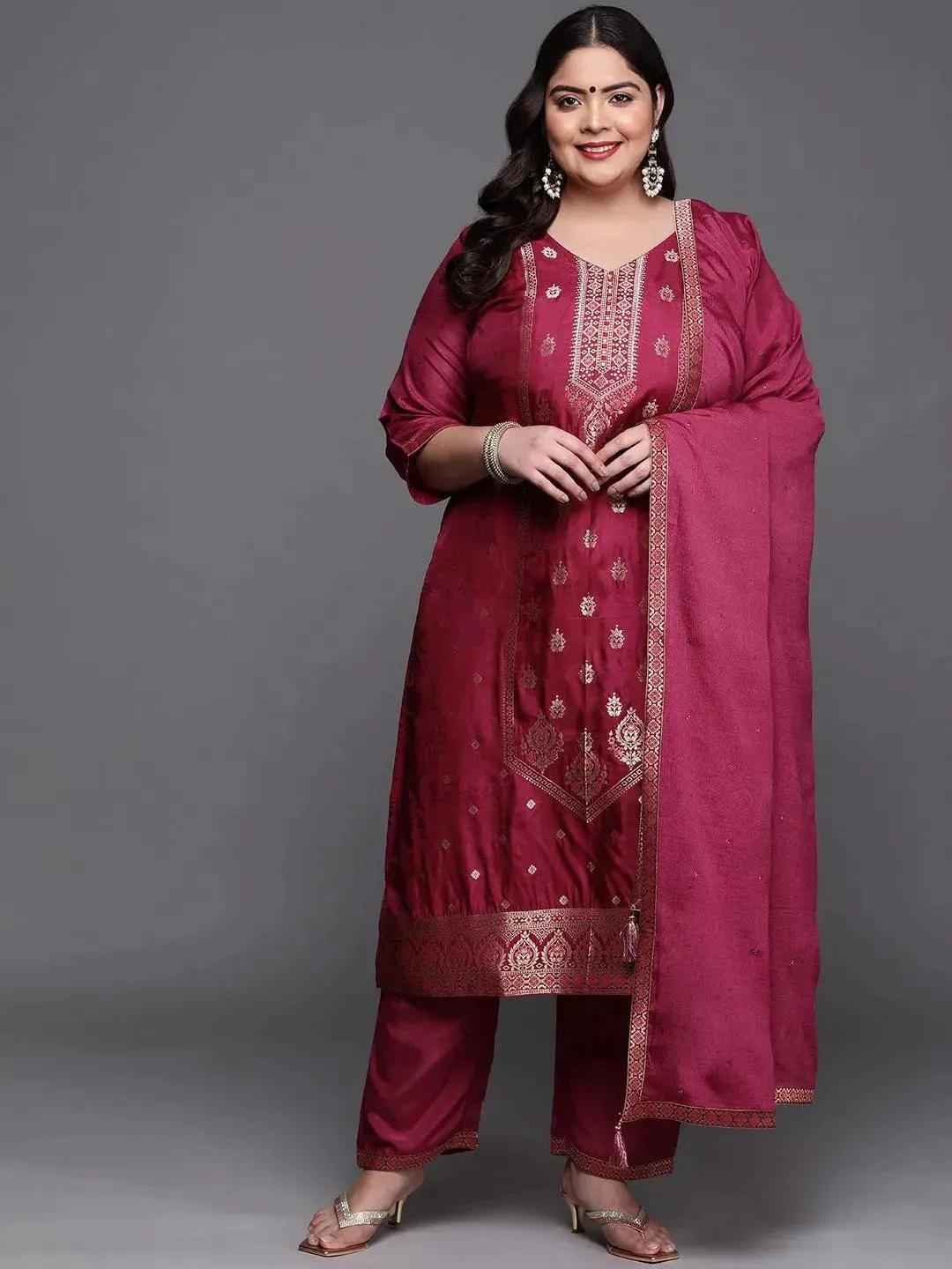 Plus Size Purple Self Design Silk Blend Straight Kurta With Dupatta