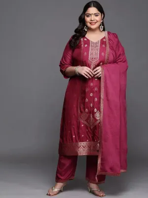 Plus Size Purple Self Design Silk Blend Straight Kurta With Dupatta