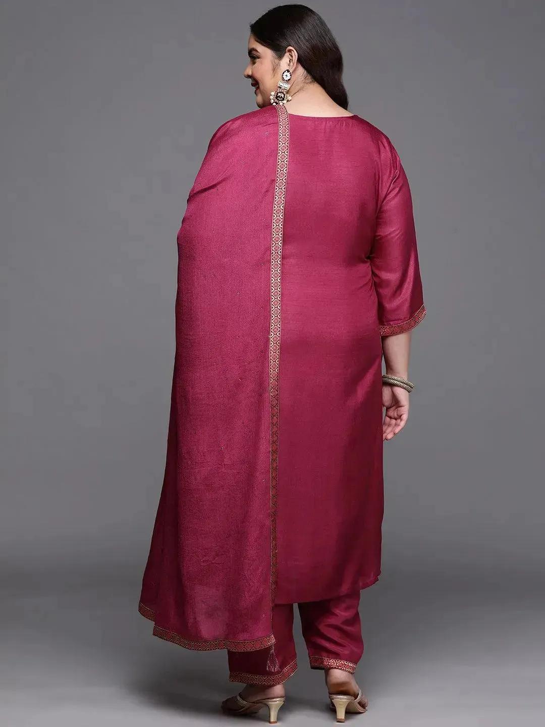 Plus Size Purple Self Design Silk Blend Straight Kurta With Dupatta
