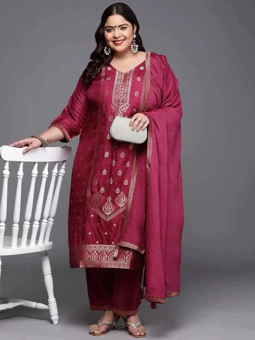 Plus Size Purple Self Design Silk Blend Straight Kurta With Dupatta