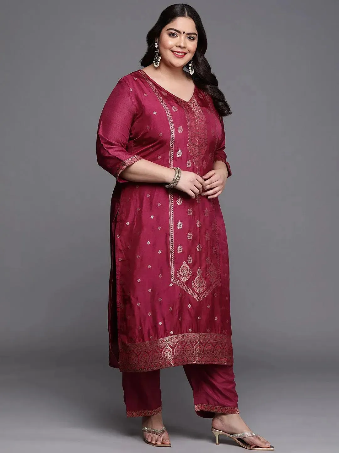 Plus Size Purple Self Design Silk Blend Straight Kurta With Dupatta