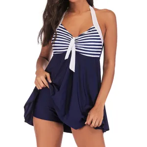 Plus Size Swimsuit Striped Nautical Bow Tie Tankini with Empire Waist Skirt