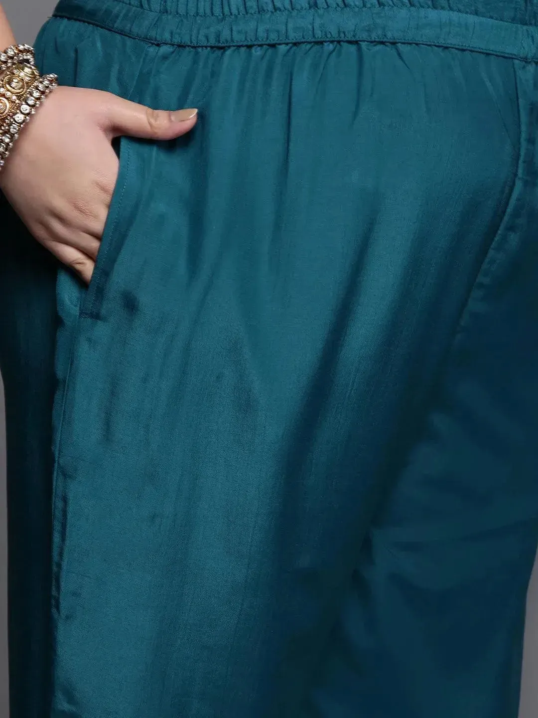 Plus Size Teal Self Design Silk Blend Straight Kurta With Dupatta