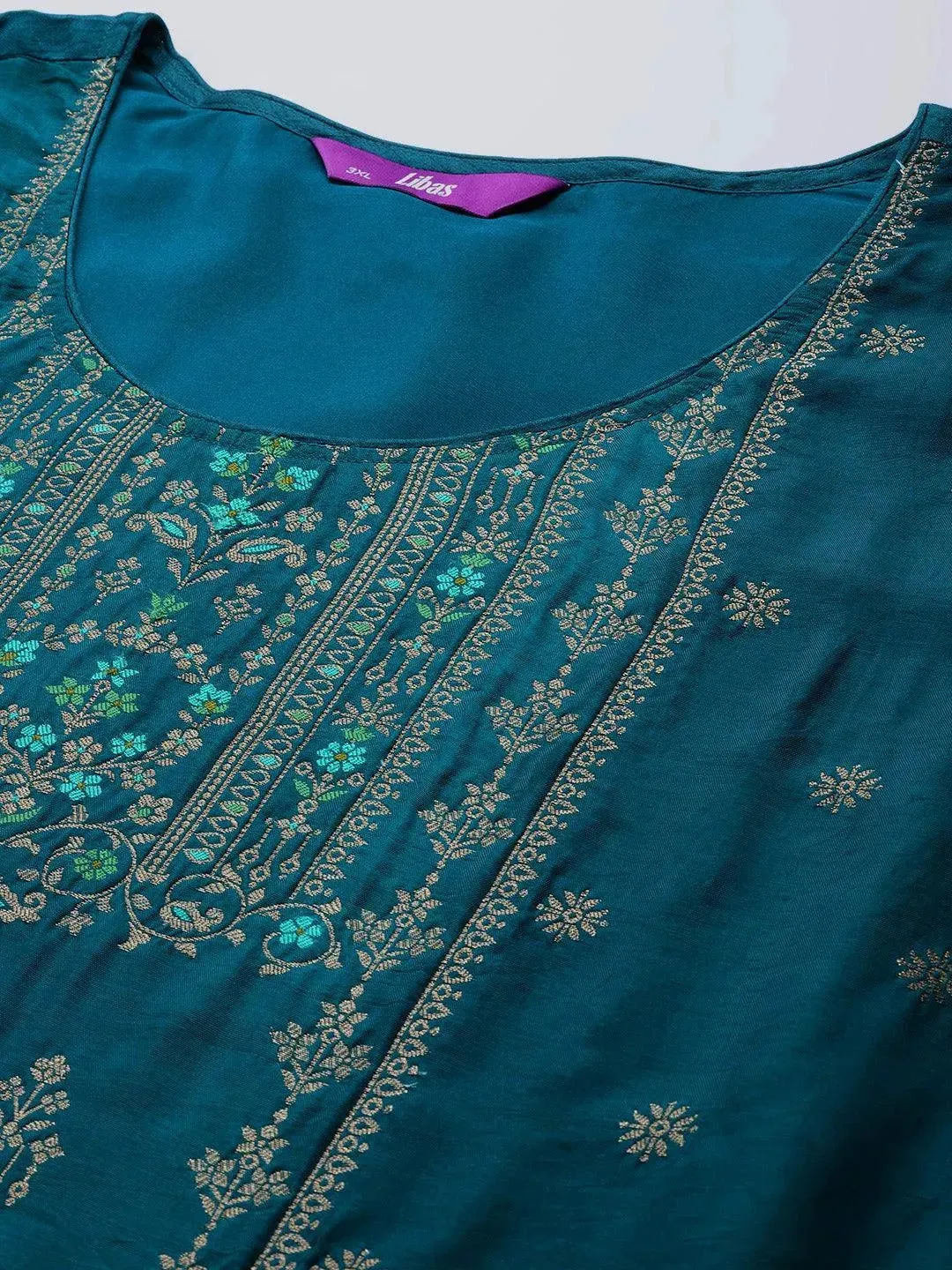 Plus Size Teal Self Design Silk Blend Straight Kurta With Dupatta