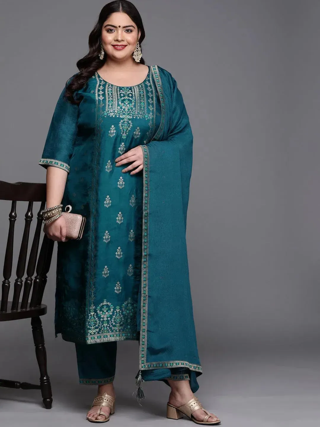 Plus Size Teal Self Design Silk Blend Straight Kurta With Dupatta