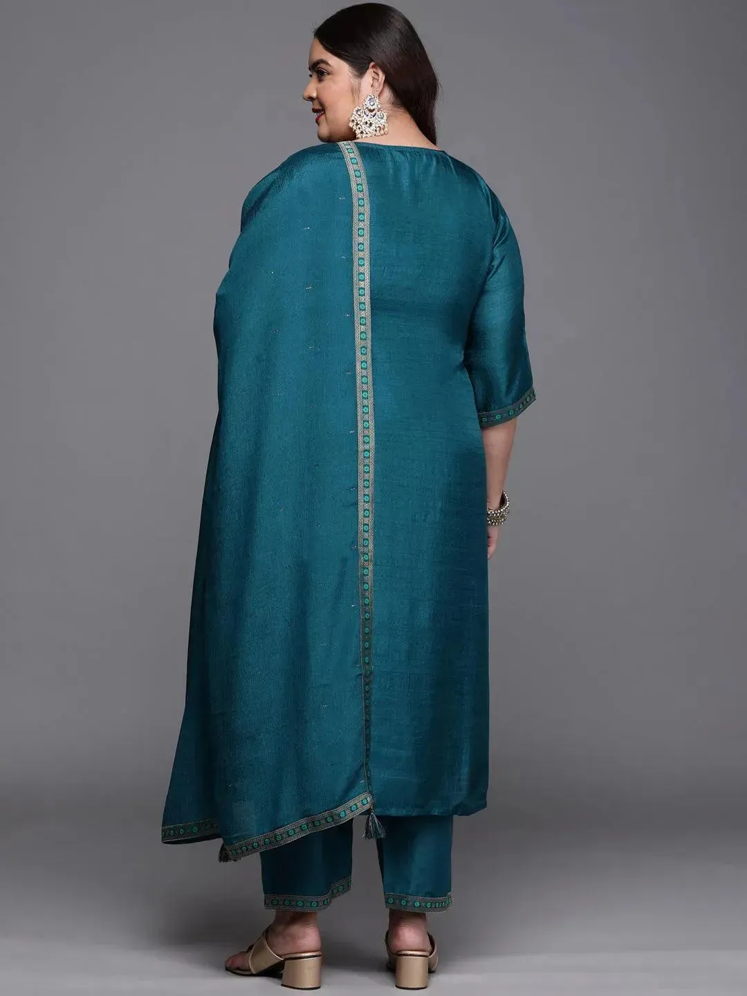 Plus Size Teal Self Design Silk Blend Straight Kurta With Dupatta
