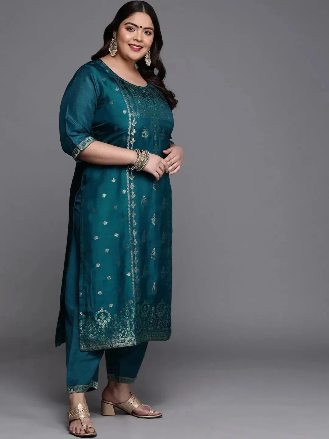 Plus Size Teal Self Design Silk Blend Straight Kurta With Dupatta
