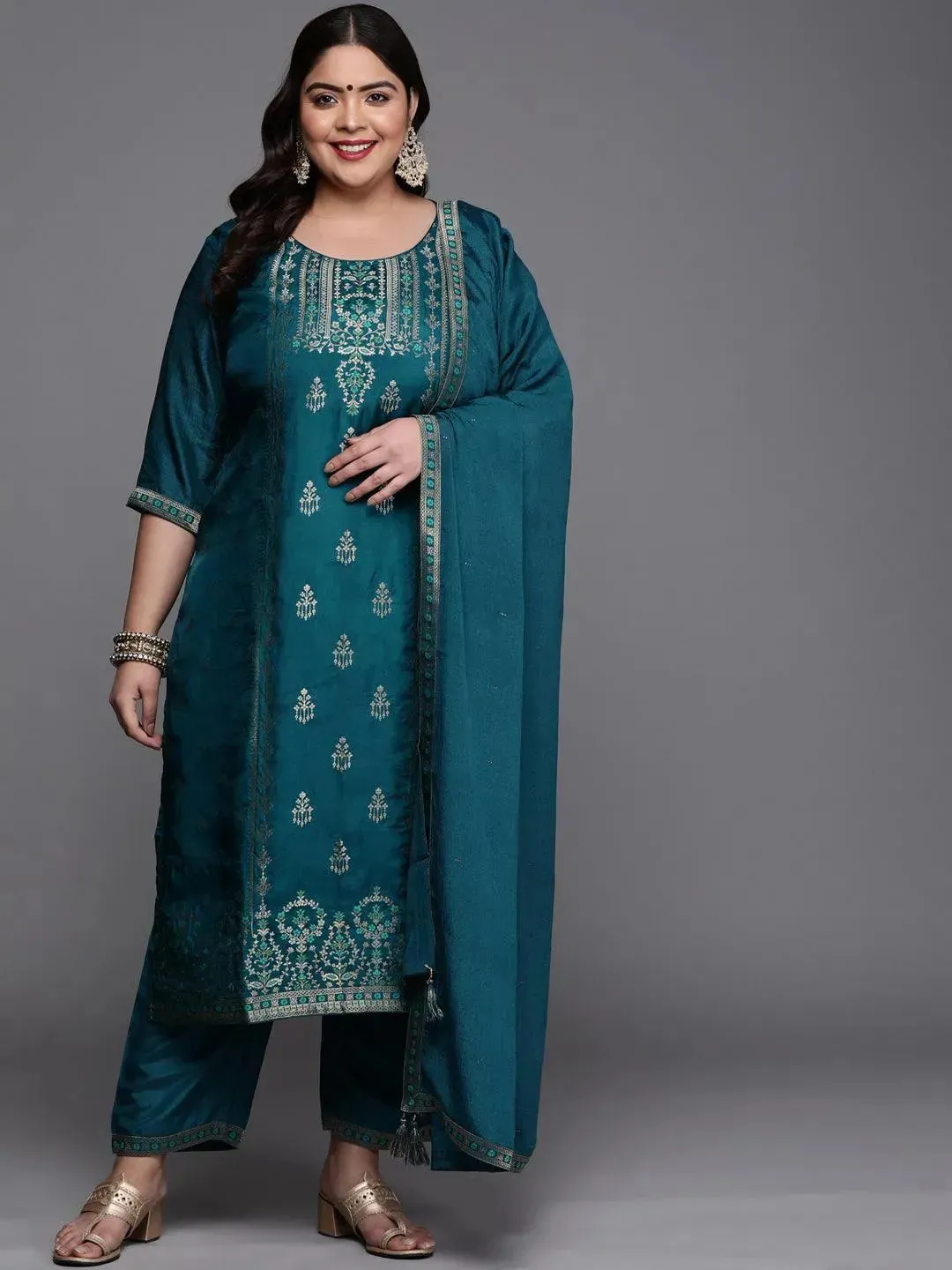 Plus Size Teal Self Design Silk Blend Straight Kurta With Dupatta