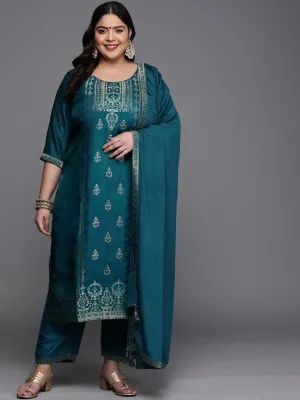 Plus Size Teal Self Design Silk Blend Straight Kurta With Dupatta
