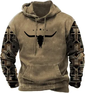 PORCLAY Mens Aztec Hoodie Western Cowboy Hooded Sweatshirt Country Graphic Print Oversized Pullover Shirts with Pocket