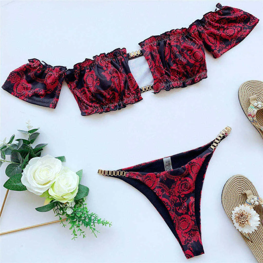 Printed Off Shoulder Bikini Women Swimwear Female Swimsuit Two-pieces Bikini set Ruffled Frilled Bather Bathing Suit Swim V2710