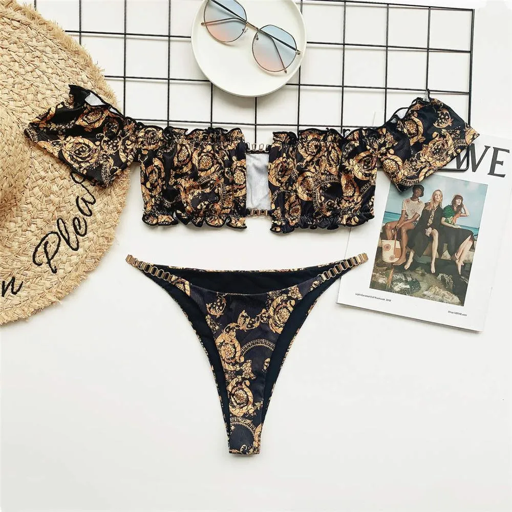 Printed Off Shoulder Bikini Women Swimwear Female Swimsuit Two-pieces Bikini set Ruffled Frilled Bather Bathing Suit Swim V2710