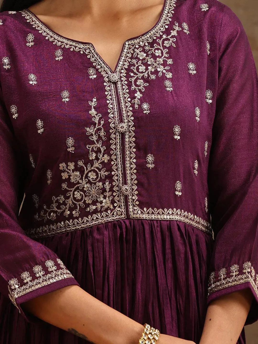 Purple Embroidered Silk Blend Anarkali Kurta With Trousers & Dupatta