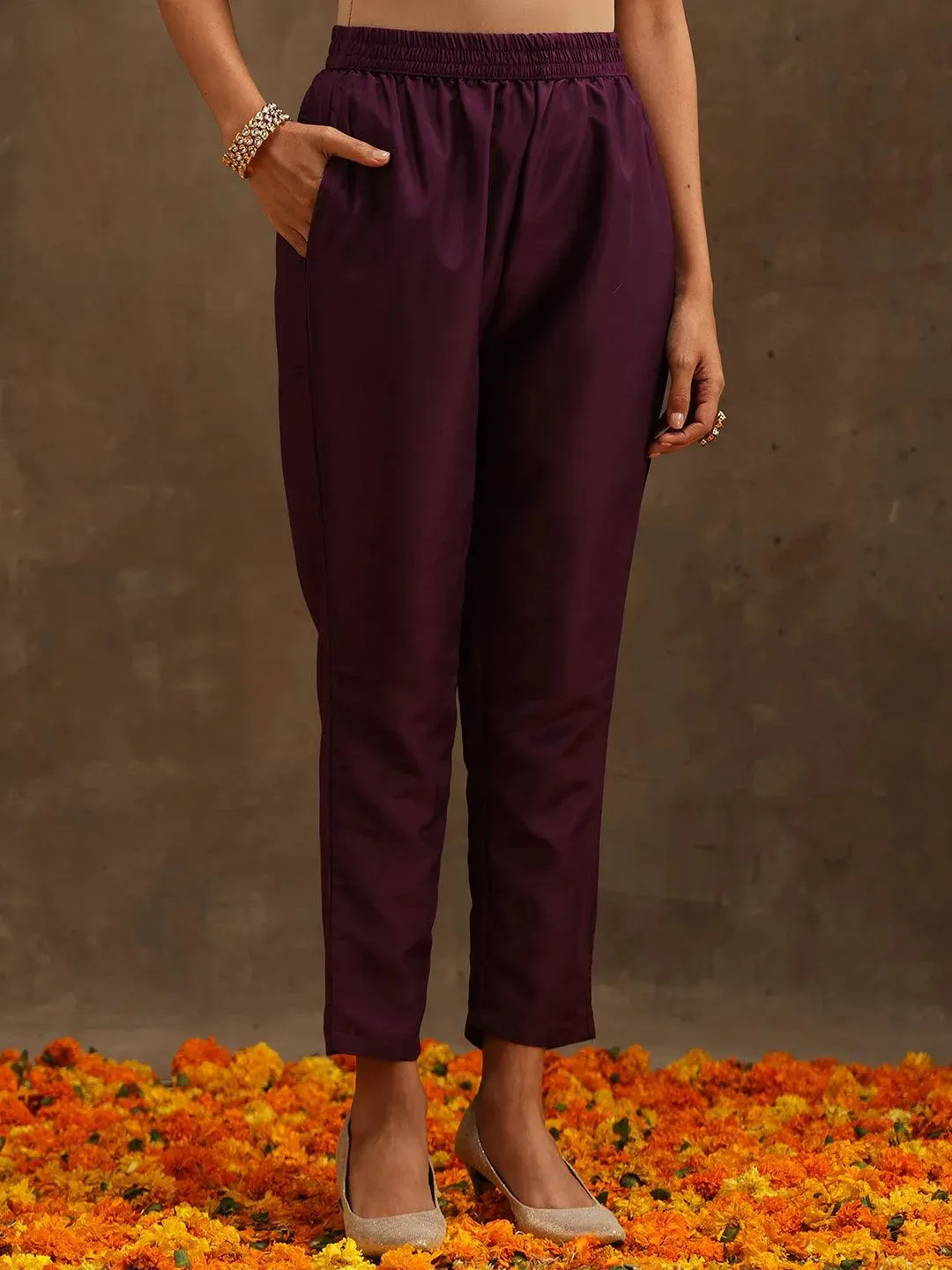 Purple Embroidered Silk Blend Anarkali Kurta With Trousers & Dupatta