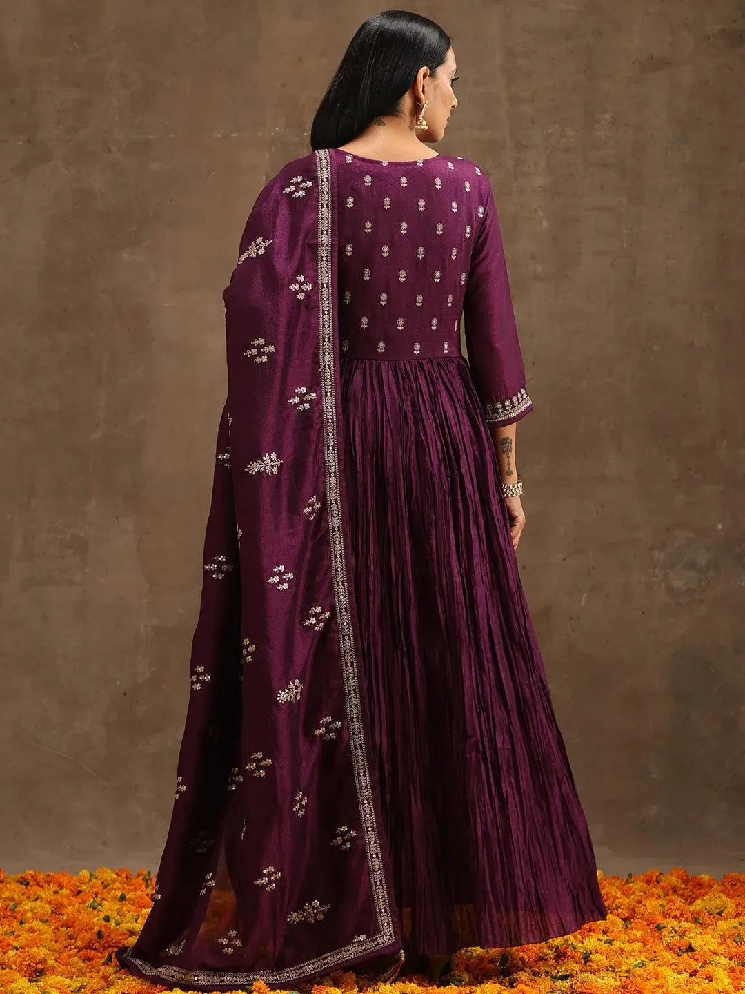Purple Embroidered Silk Blend Anarkali Kurta With Trousers & Dupatta
