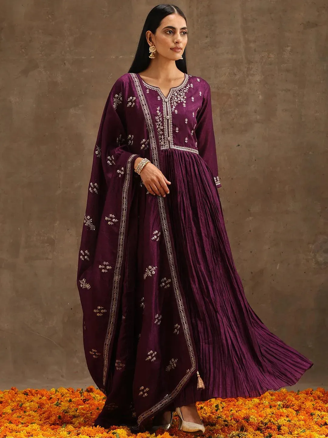 Purple Embroidered Silk Blend Anarkali Kurta With Trousers & Dupatta