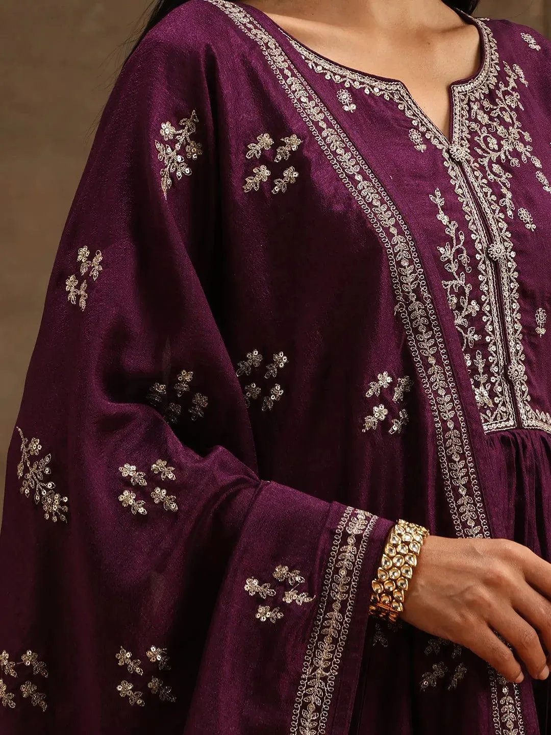 Purple Embroidered Silk Blend Anarkali Kurta With Trousers & Dupatta